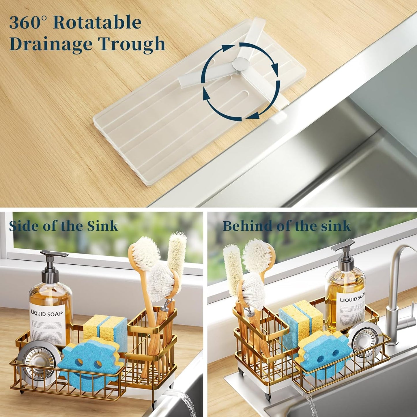 Consumest Sponge Holder for Kitchen Sink - Auto Draining Sink Caddy Organizer with Detachable Rack, High Brush Holder, Kitchen Countertop Storage Accessories, Black