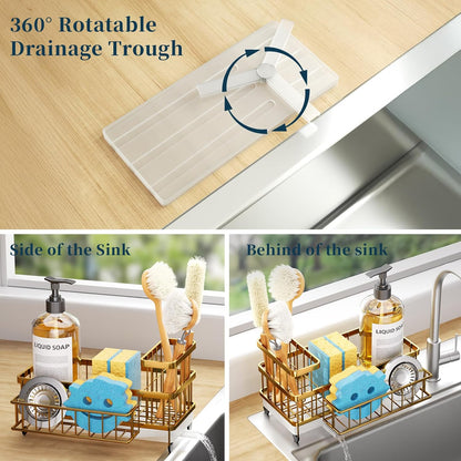 Consumest Sponge Holder for Kitchen Sink - Auto Draining Sink Caddy Organizer with Detachable Rack, High Brush Holder, Kitchen Countertop Storage Accessories, Black