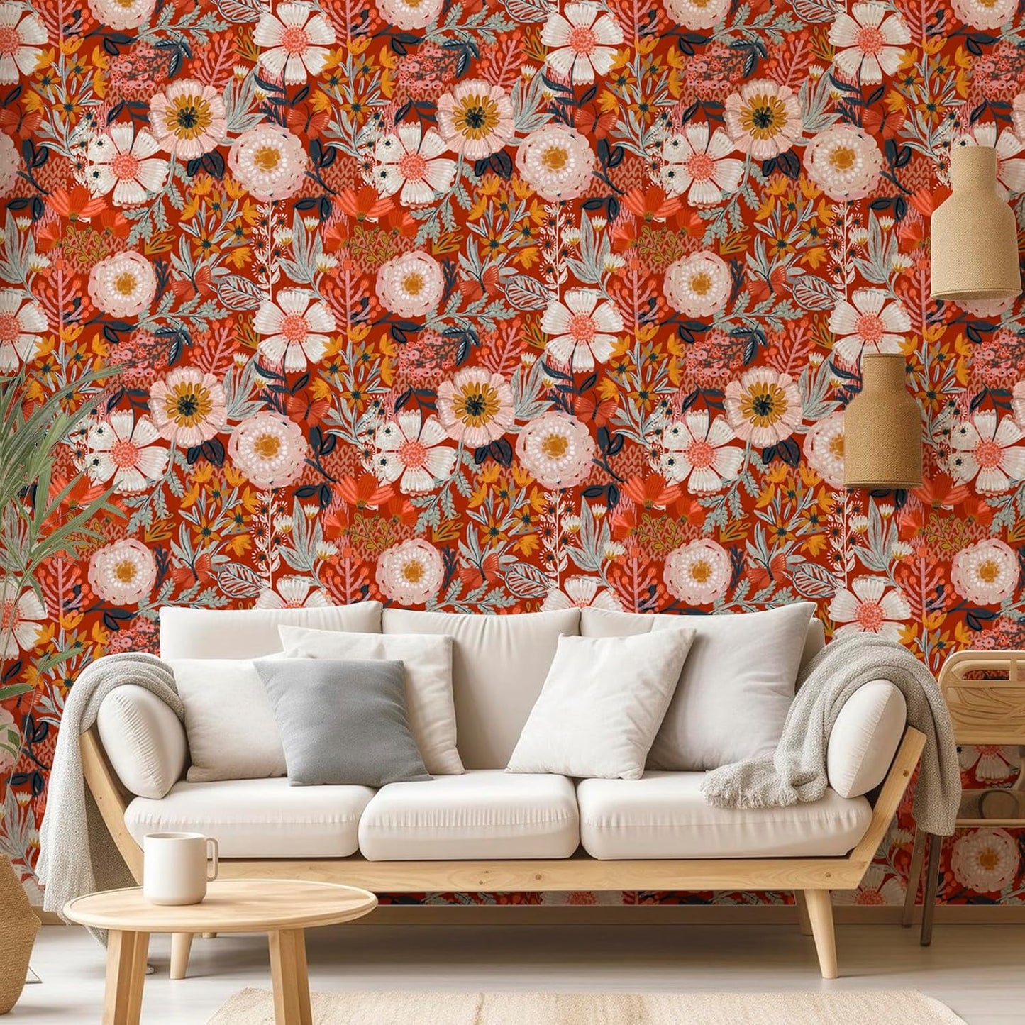 HAOKHOME Boho Peel and Stick Wallpaper Floral Wall Paper Removable for Bedroom Navy/Pink/Orange Contact Paper 17.7in x 9.8ft