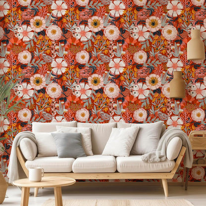 HAOKHOME Boho Peel and Stick Wallpaper Floral Wall Paper Removable for Bedroom Navy/Pink/Orange Contact Paper 17.7in x 9.8ft