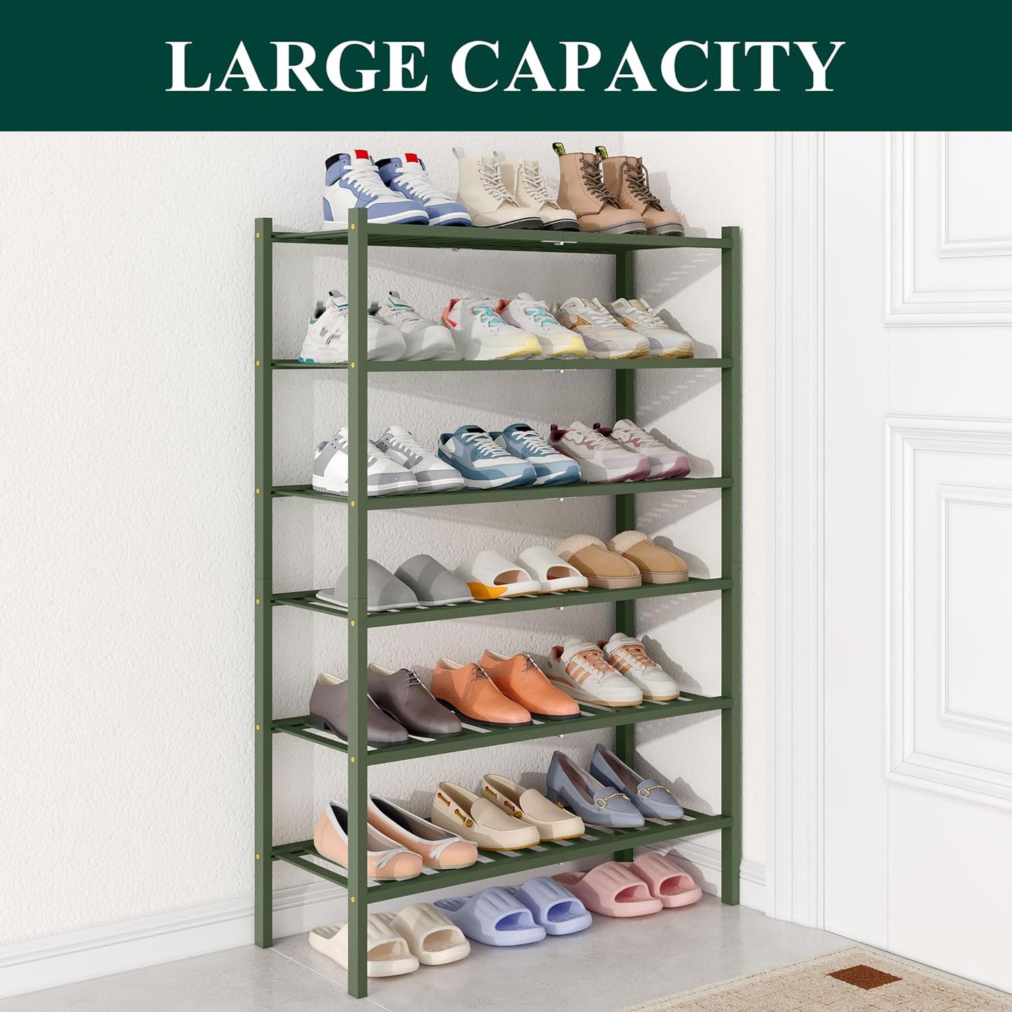 Smiry Bamboo Shoe Rack for Closet, 3 Tier Wooden Shoe Organizer, Stackable Wood Shoe Storage Shelf for Entryway, 14 Vertical Slats, One-piece Heavy-Duty Legs, 26.77"x11.02"x18.31", Natural