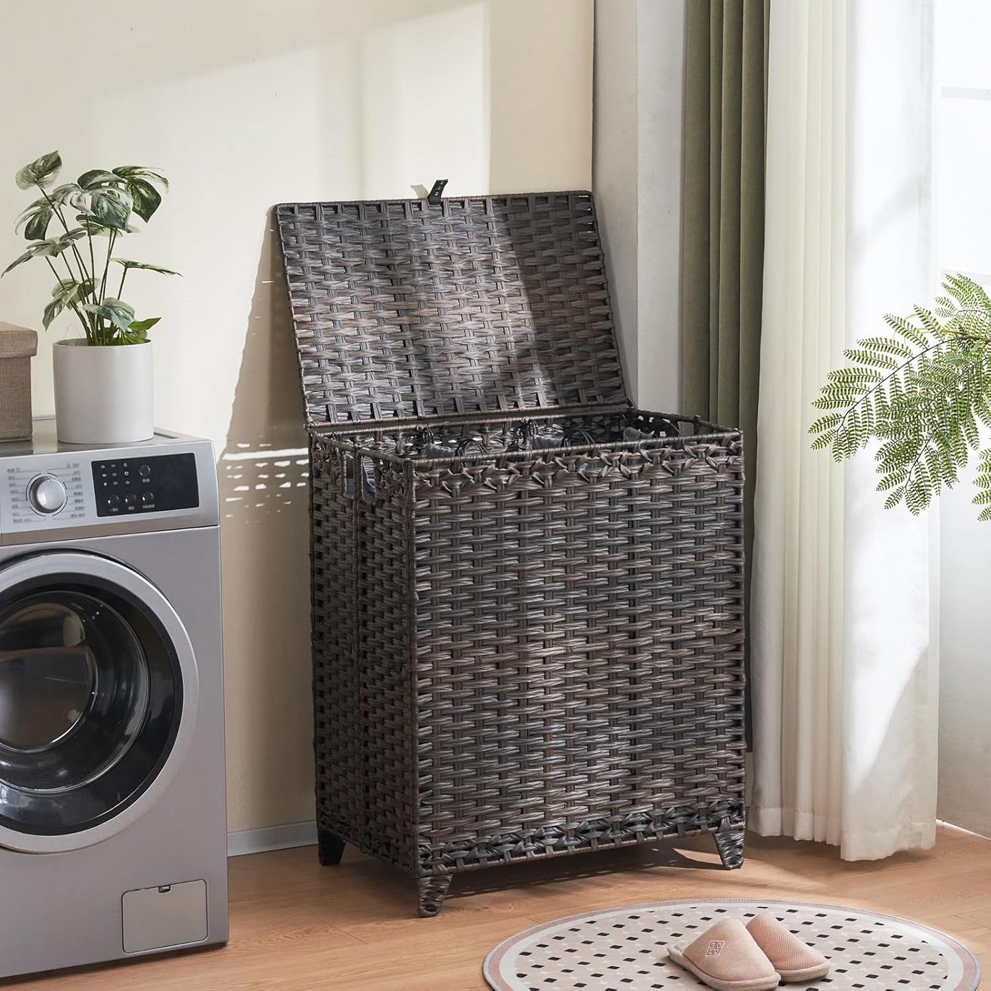 Laundry Hamper with Lid, 190L Large Laundry Basket 3 Section with 6 Removable Liner Bags & 3 Mesh Laundry Bags, Handwoven Rattan Clothes Hamper with Heightened Feet, No Install Needed, Natural