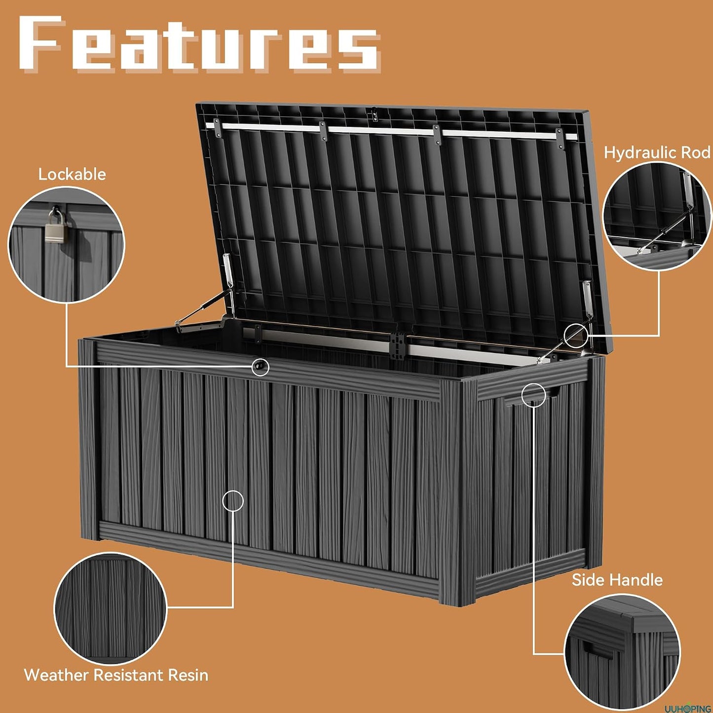 230 Gallon Large Outdoor Storage Box Waterproof, UV Resistant Resin Deck Box with Hydraulic Rod & Lockable Latch for Patio Furniture, Outside Storage Box for Garden Tools, Patio Cushions, Black