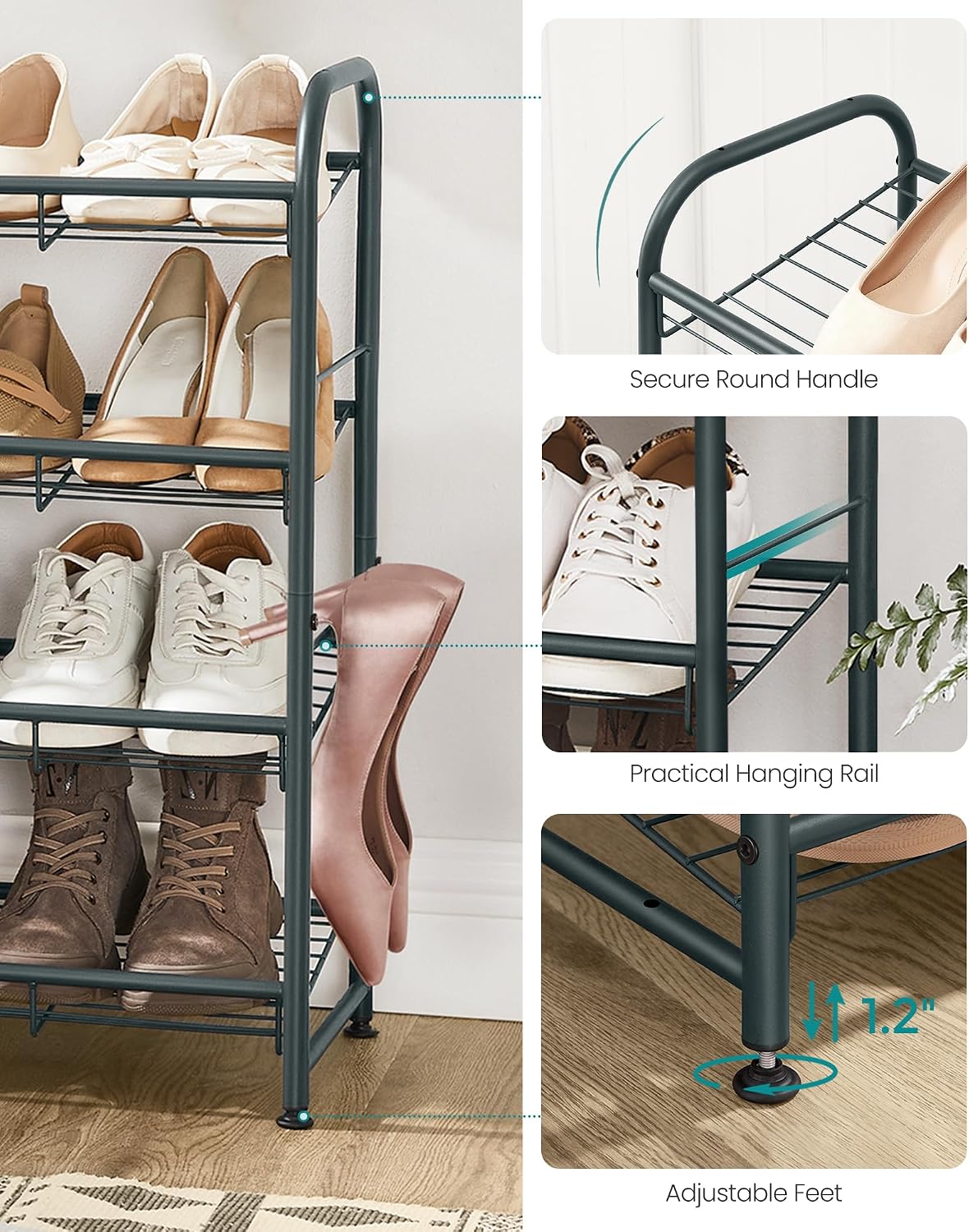 SONGMICS Stackable Shoe Rack, 4 Tier Metal Shoes Rack Storage Shelf, Holds up to 16 Pairs Shoes, Adjustable Slanted Shelves Shoe Tower Organizer for Closet Entryway Small Spaces, Black