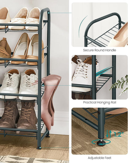 SONGMICS Stackable Shoe Rack, 4 Tier Metal Shoes Rack Storage Shelf, Holds up to 16 Pairs Shoes, Adjustable Slanted Shelves Shoe Tower Organizer for Closet Entryway Small Spaces, Black
