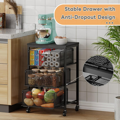 4 Tier Kitchen Rolling Cart, Kitchen Storage Cart with Wheels, Adjust Pantry Organizer and Storage Cart with Drawer, Fruit Vegetable Spice Storage Cart, Wooden Top Metal Kitchen Organizer Rack Stand