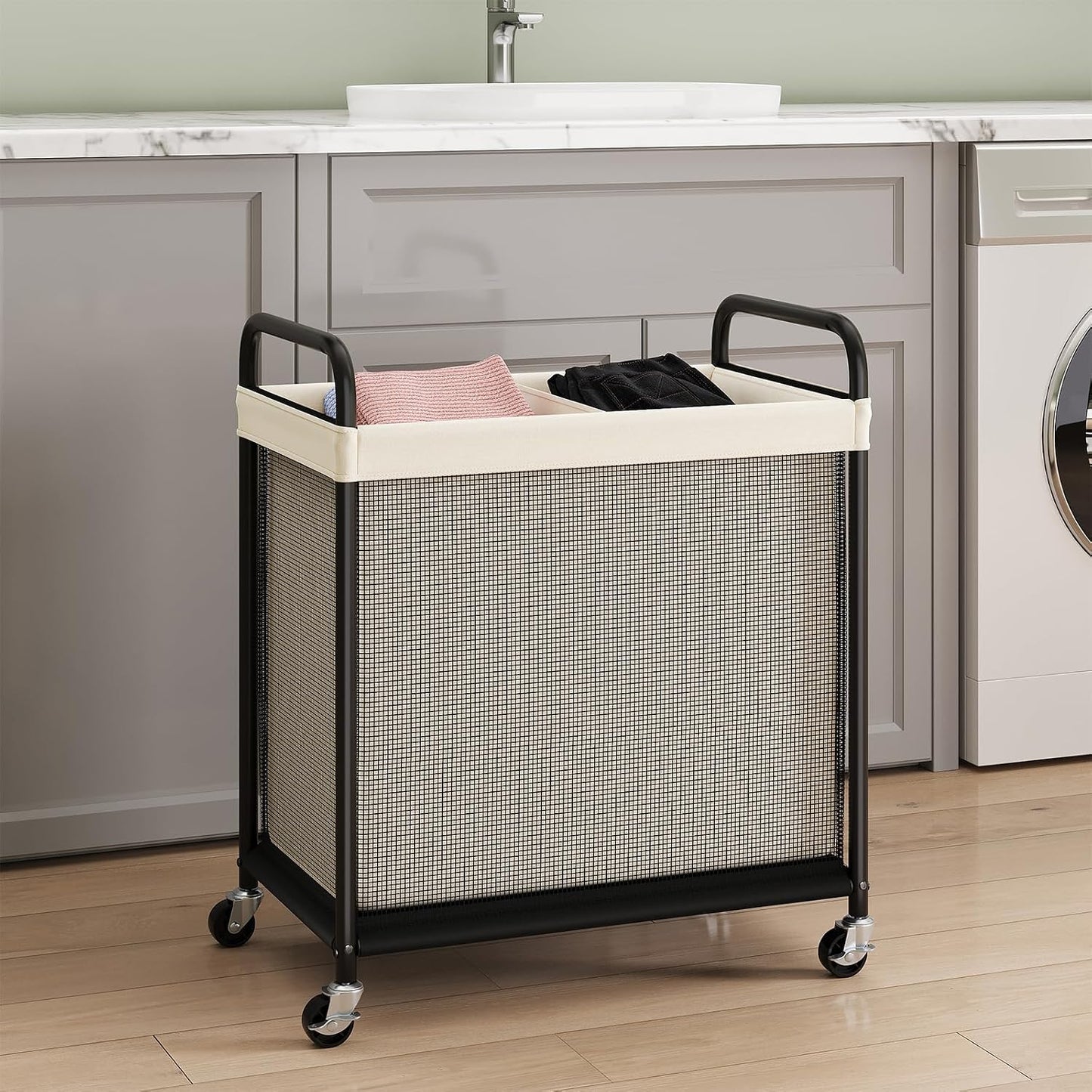 ELYKEN Laundry Hamper 3 Section, 120L Rolling Laundry Sorter with Removable Liner Bag, Laundry Basket with Wheels, Steel Frame with Metal Handle, Clothes Hamper Cart for Laundry Room & Bedroom