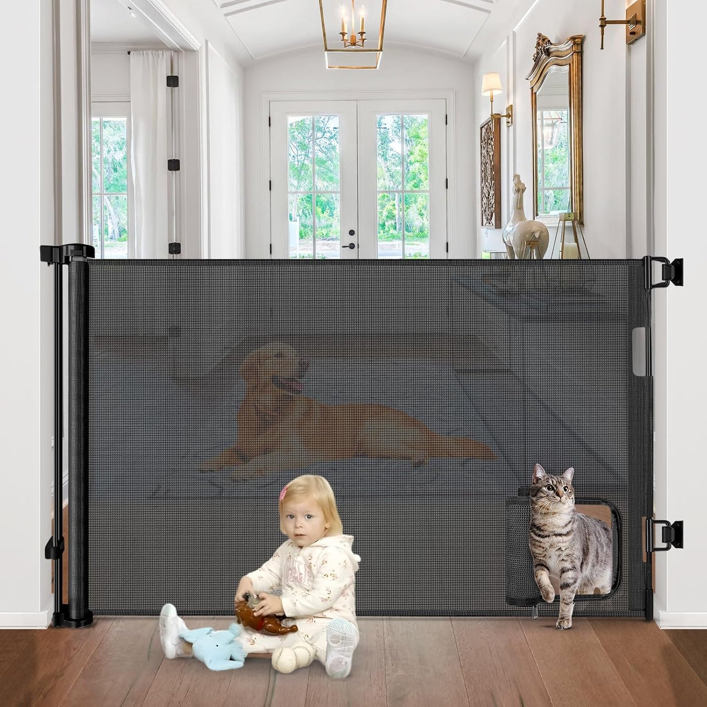 Retractable Baby Gate with Cat Door 55" Wide Retractable Baby Gate for Stairs Mesh Baby Gate with Pet Door Retractable Dog Gate for The House Retractable Pet Gate with Door Safety Gates for Toddlers