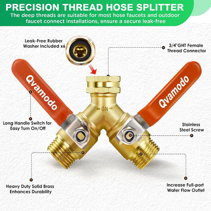 Garden Hose Splitter 3/4" GHT Full Flow 2 Way Brass Hose Splitter Heavy Duty All Metal Hose Y Splitter with Shutoff Outdoor Faucet Water Hose Splitter Y Valve Tap Adapter for Outdoor Garden