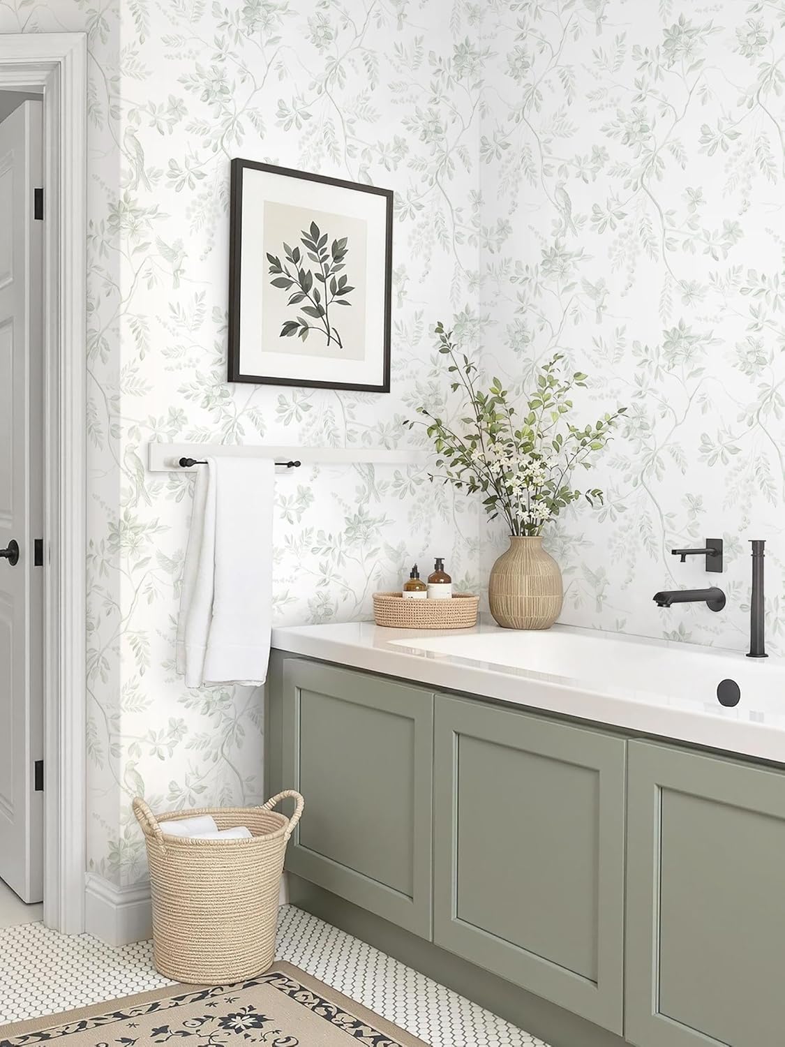 Dimoon 17.3''x78.7'' Vintage Peel and Stick Wallpaper Boho Beige Neutral Contact Paper White Floral Bird Wallpaper Removable Botanical Renter Friendly Modern Wall Paper Bedroom Bathroom Vinyl Roll