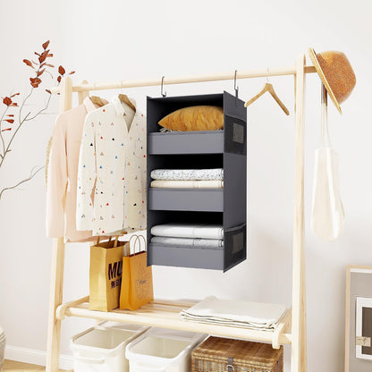 3-Shelf Hanging Closet Organizer, Washable Foldable Storage, Dark Gray | Front lip keeps items secure; side pockets add room; Oxford fabric handles towels, shirts, baby items, dorms, RVs or travel.