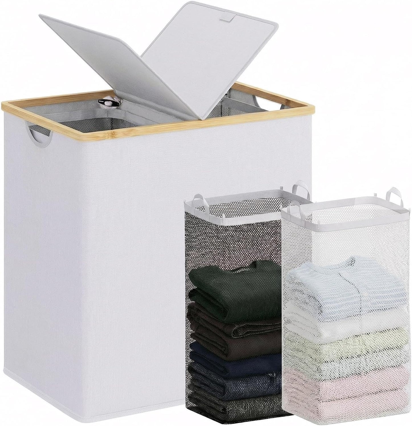 efluky Laundry Hamper with Lid, Trio Laundry Basket with 2 Removable Bags, 3 Section Laundry Bin with Bamboo Handles for Bathroom, Bedroom & Laundry Room, 160L (42.3 Gallon) Beige