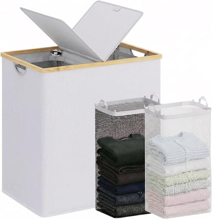 efluky Laundry Hamper with Lid, Trio Laundry Basket with 2 Removable Bags, 3 Section Laundry Bin with Bamboo Handles for Bathroom, Bedroom & Laundry Room, 160L (42.3 Gallon) Beige