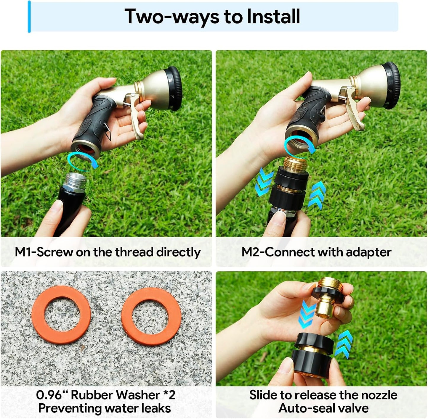 Garden Hose Nozzle, Heavy Duty Metal Spray Nozzle | Upgraded, High Pressure, Adjustable Spray Patterns, For Watering Plants, Car Washing, Pet Showering