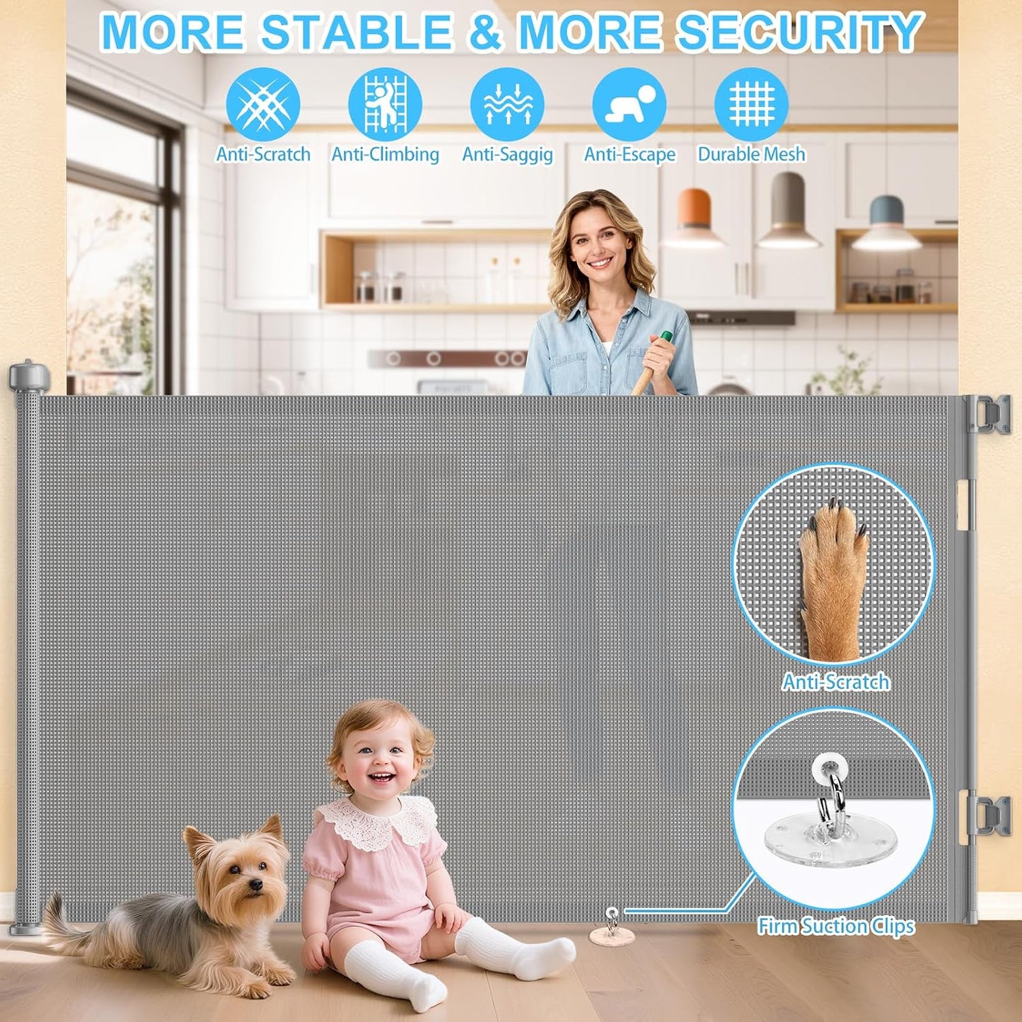71 inch Retractable Baby Gates, EZIGO Extra Wide Baby Gate for Large Opening Extra Long Mesh Gate for Kids or Pet Dog Gate Child Safety Gate for Stairs Hallways Doorway Indoor Outdoor, Gray