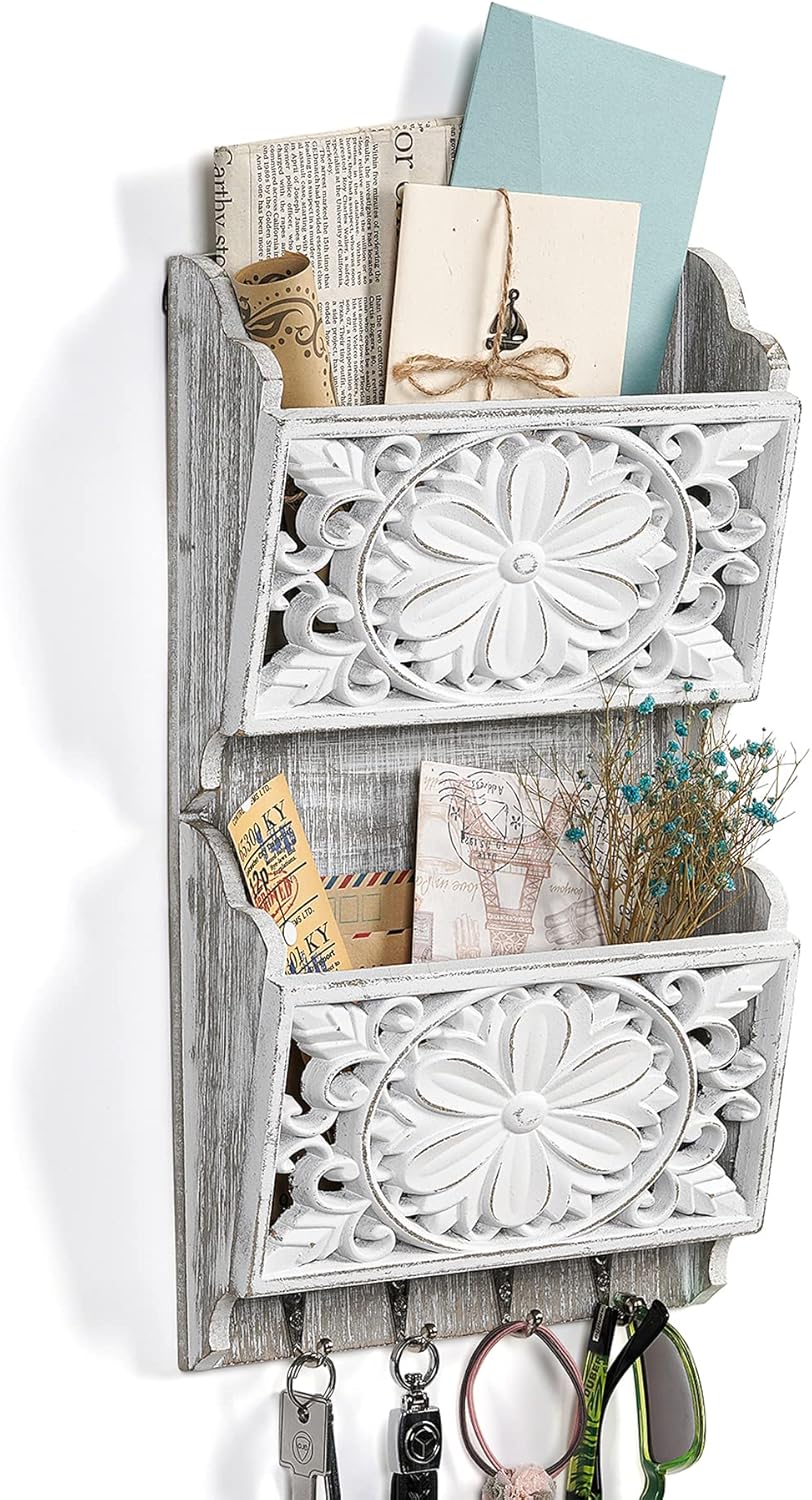 Mail Organizer Wall Mounted, 2 Slots Key Holder for Wall with 8 Hooks, Rustic Wood Key Rack with Shelf for Entryway Hallwall Farmhouse