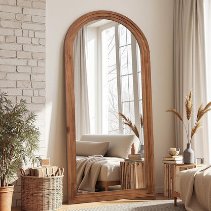 Antok Full Length Mirror with Solid Wood Frame, 71"×32" Wall Mounted Oversized Floor Mirror with Stand, Leaning Standing Hanging for Bedroom Living Room Entryway, Walnut, Arched Syle