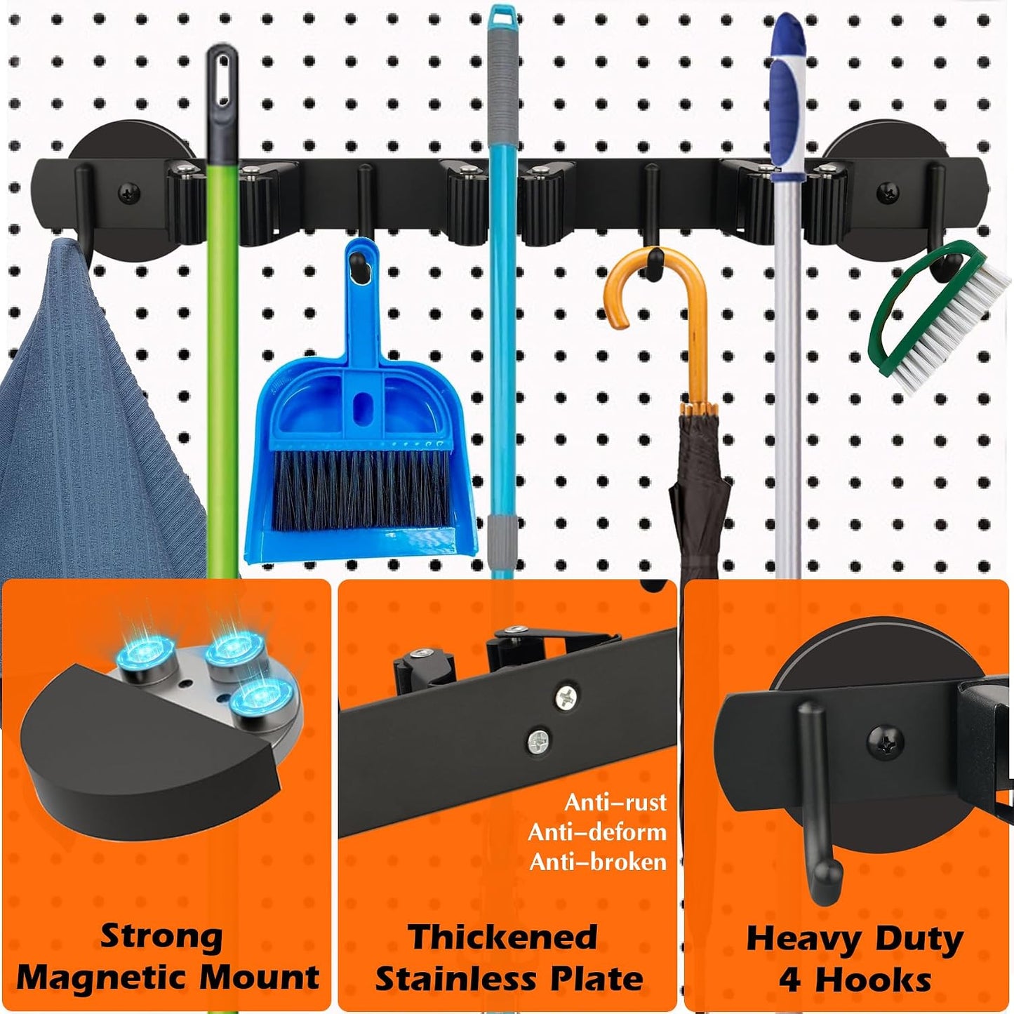 MUTUACTOR Heavy Duty Magnetic Broom Holder,Anti-slip Magnetic Tool Rack with Top Utility Shelf, Easy Assembly Broom Mop Organizer for Refrigerator Metal Cabinet Laundry Room Kitchen,3-Clamps 4-Hooks