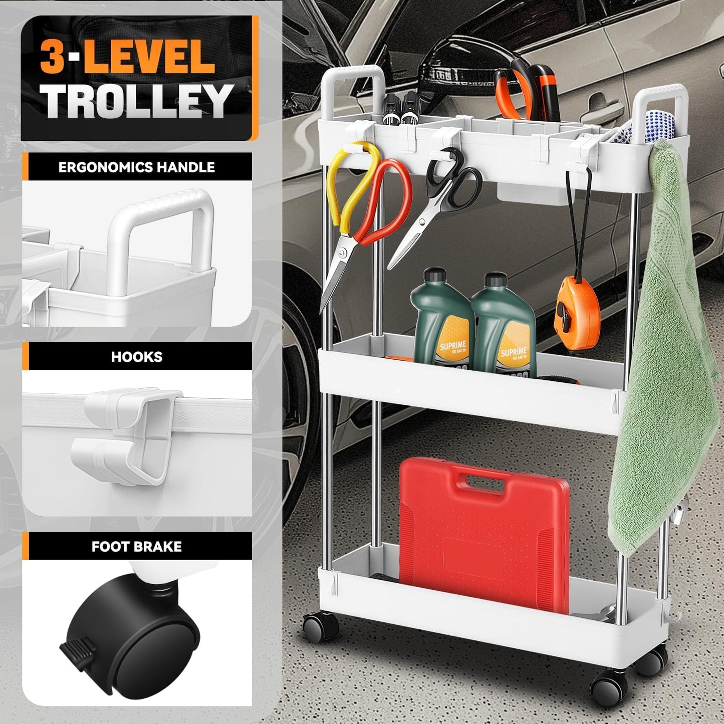 Auto Dynasty 3 Tier Slim Rolling Cart with Handle, Multifunction Utility Storage Rolling Cart, Movable Storage Organizer with Wheels for Office, Bathroom, Kitchen, Narrow Places (White)
