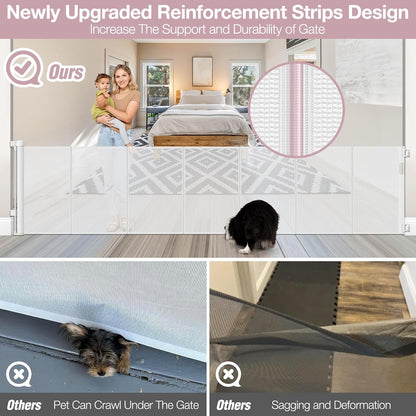 Reinforced 72" Wide Retractable Dog Gate with Support Rods - Prevent Crawling Under Extra Wide Baby Gate Retractable Gate Outdoor, Retractable Pet Gate Long Dog Gate, Mesh Gates for Kids or Pets, Gray
