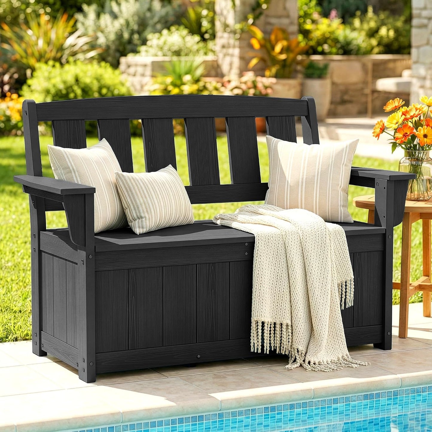 SERWALL HDPE Outdoor Storage Bench, Deck Box with Waterproof Storage Bags | All-Weather Benches | 57 Gallon Dual-Use Seat | Organizer Deck Boxes for Patio, Garden Tools & Pool | Dark Black