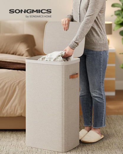 SONGMICS Laundry Basket, 50.2 Gal. Laundry Hamper, 3 Compartments, Easy Assembly, with Lid and Handles, Removable Liners, 25.2 x 15.7 x 29.5 Inches, Cappuccino Beige ULCB814LH01