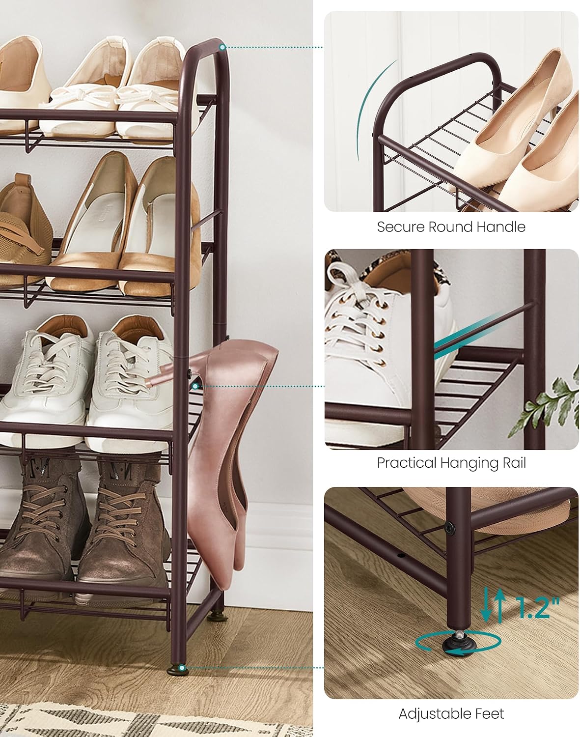 SONGMICS Stackable Shoe Rack, 4 Tier Metal Shoes Rack Storage Shelf, Holds up to 16 Pairs Shoes, Adjustable Slanted Shelves Shoe Tower Organizer for Closet Entryway Small Spaces, Black