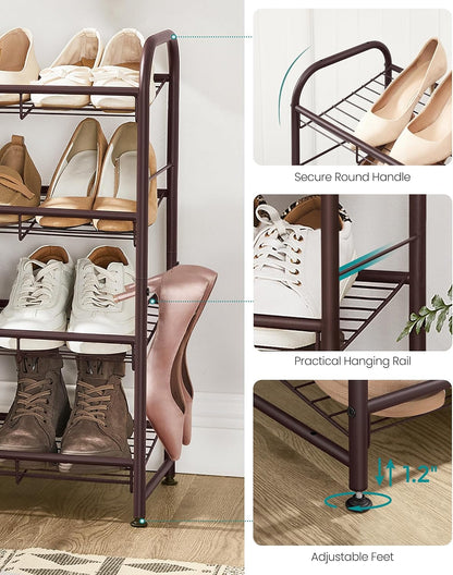 SONGMICS Stackable Shoe Rack, 4 Tier Metal Shoes Rack Storage Shelf, Holds up to 16 Pairs Shoes, Adjustable Slanted Shelves Shoe Tower Organizer for Closet Entryway Small Spaces, Black