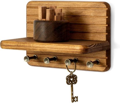Rebee Vision Farmhouse Key Holder Wall Mount for Home Decor – Decorative Pine Wooden Key Holder for Wall with 6 Hooks & Floating Shelf - Rustic Charm for Room Decor Aesthetic (Brown)