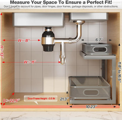 2-Pack Under Sink Storage Organizer with 2-Tier Slide Out Drawer, Sophisticated Mesh Pull Out Shelf for Kitchen & Bathroom, Fits Small Items, Upgraded Arched Track for Smooth Gliding(Patented)