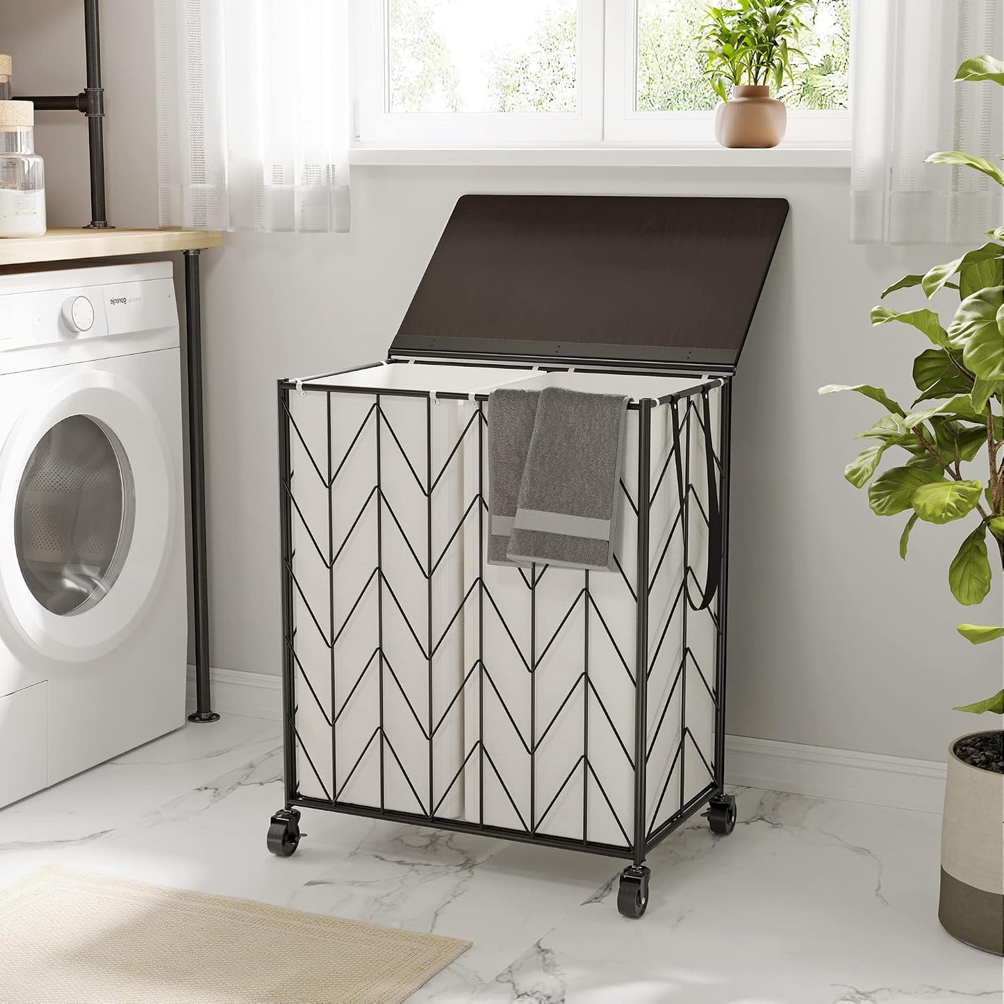WOWLIVE Laundry Basket with Wheels, 142L Laundry Hamper 3 Section with Lid, Dirty Clothes Hamper with Removable Bags, Large Capacity Iron-Made Laundry Basket Organizer Laundry Sorter for Dorm, White