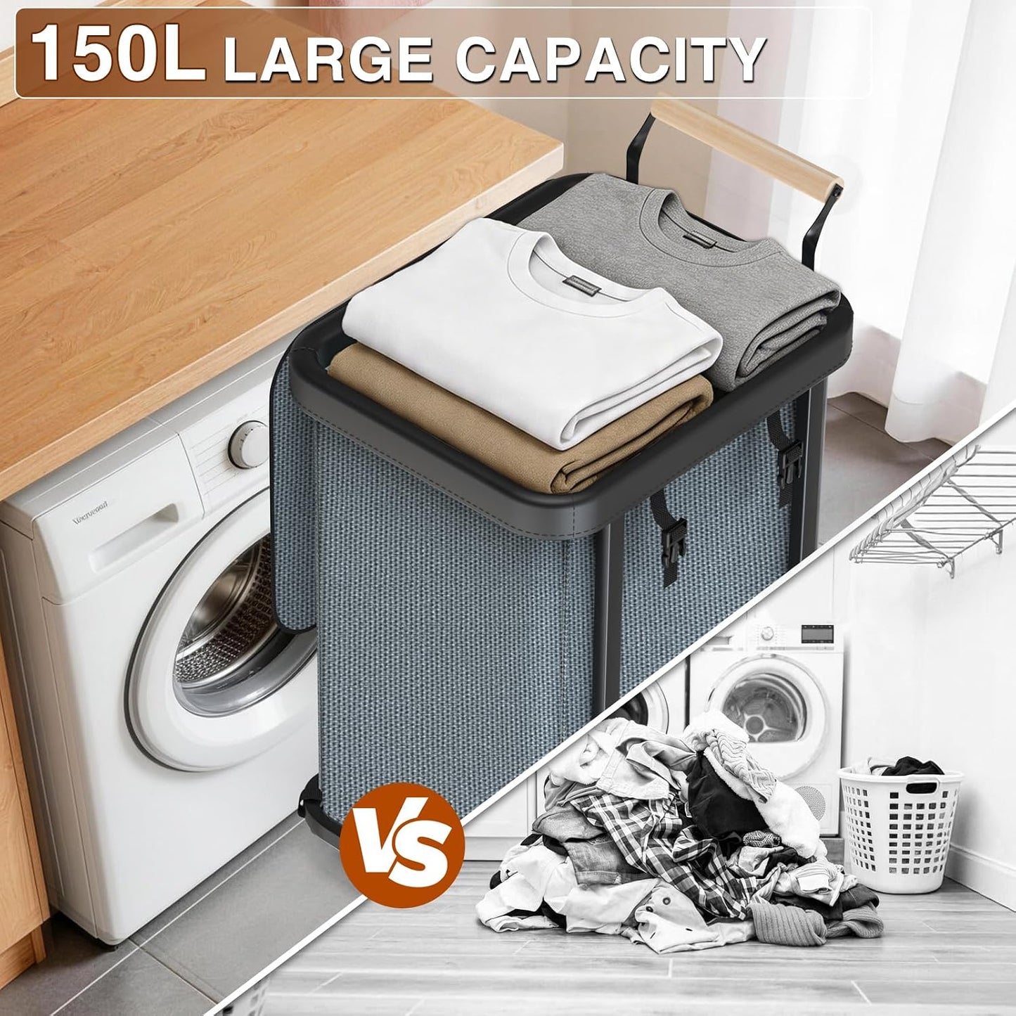 Rolling Laundry Hamper with Wheels, Laundry Hamper 3 Section with Lid, Laundry Basket with Rolling Lockable Wheels and Handle, Laundry Basket Organizer for Laundry Room, Bedroom 230L Black