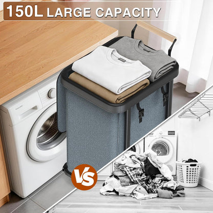 Rolling Laundry Hamper with Wheels, Laundry Hamper 3 Section with Lid, Laundry Basket with Rolling Lockable Wheels and Handle, Laundry Basket Organizer for Laundry Room, Bedroom 230L Black