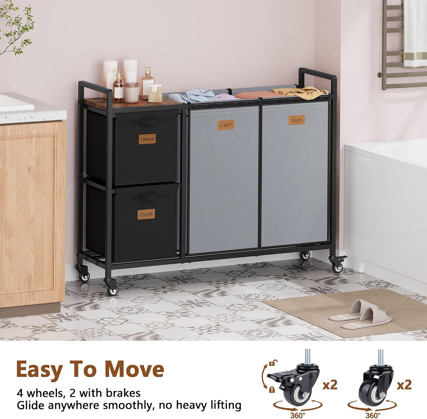 Hoctieon 4 Section Laundry Cart, 48 Gal. (182L) Laundry Hamper with Lid, Laundry Basket with Wheels, Rolling Laundry Sorter Organizer with Shelf, Clothes Separator with Removable Bags, Black