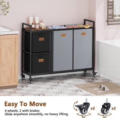Hoctieon 4 Section Laundry Cart, 48 Gal. (182L) Laundry Hamper with Lid, Laundry Basket with Wheels, Rolling Laundry Sorter Organizer with Shelf, Clothes Separator with Removable Bags, Black