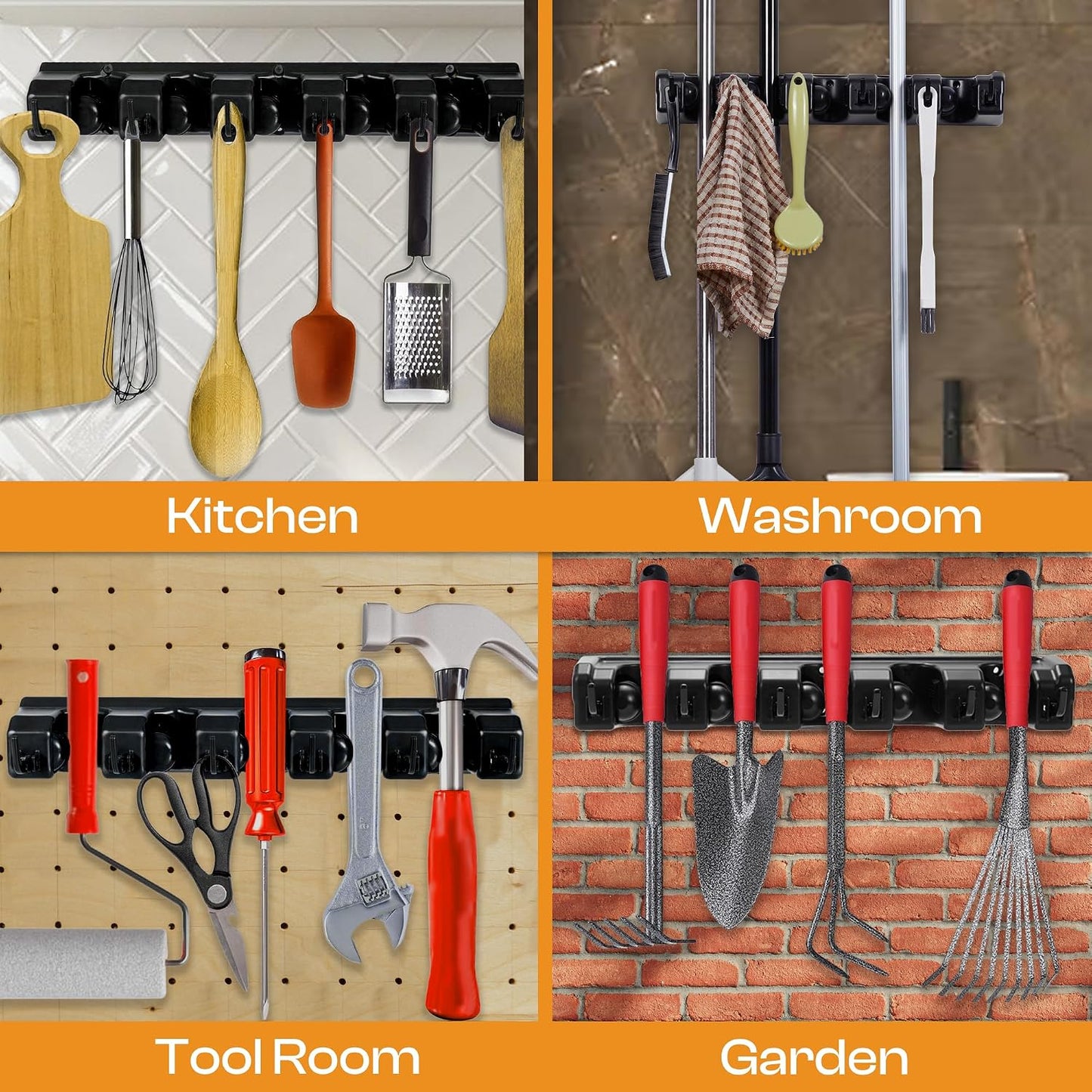 Heavy-Duty Stainless-Steel Broom Holder Wall Mount with 3 Racks and 4 Hooks | Waterproof Mop and Broom Hanger | Adjustable, Garage & Garden Tool Organizer | Black