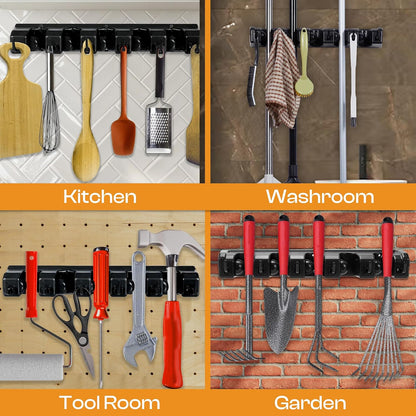 Heavy-Duty Stainless-Steel Broom Holder Wall Mount with 3 Racks and 4 Hooks | Waterproof Mop and Broom Hanger | Adjustable, Garage & Garden Tool Organizer | Black