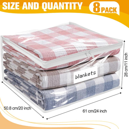 Plastic Storage Bags with Easy-Glide Zipper, Pack of 8, Durable Clear Vinyl Zippered Storage Bags for Clothes Sweaters Comforters Blankets Sheets Bedding (15.7 x 13.8 x 3.9 Inch, White)