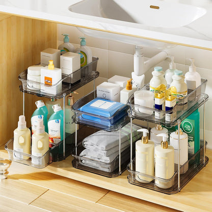 Delamu 2-Tier Under Sink Organizers and Storage, Multi-Purpose Stackable Bathroom Cabinet organizers, Pull Out Kitchen Pantry Organization and Storage with Dividers(2 Pack, Clear)