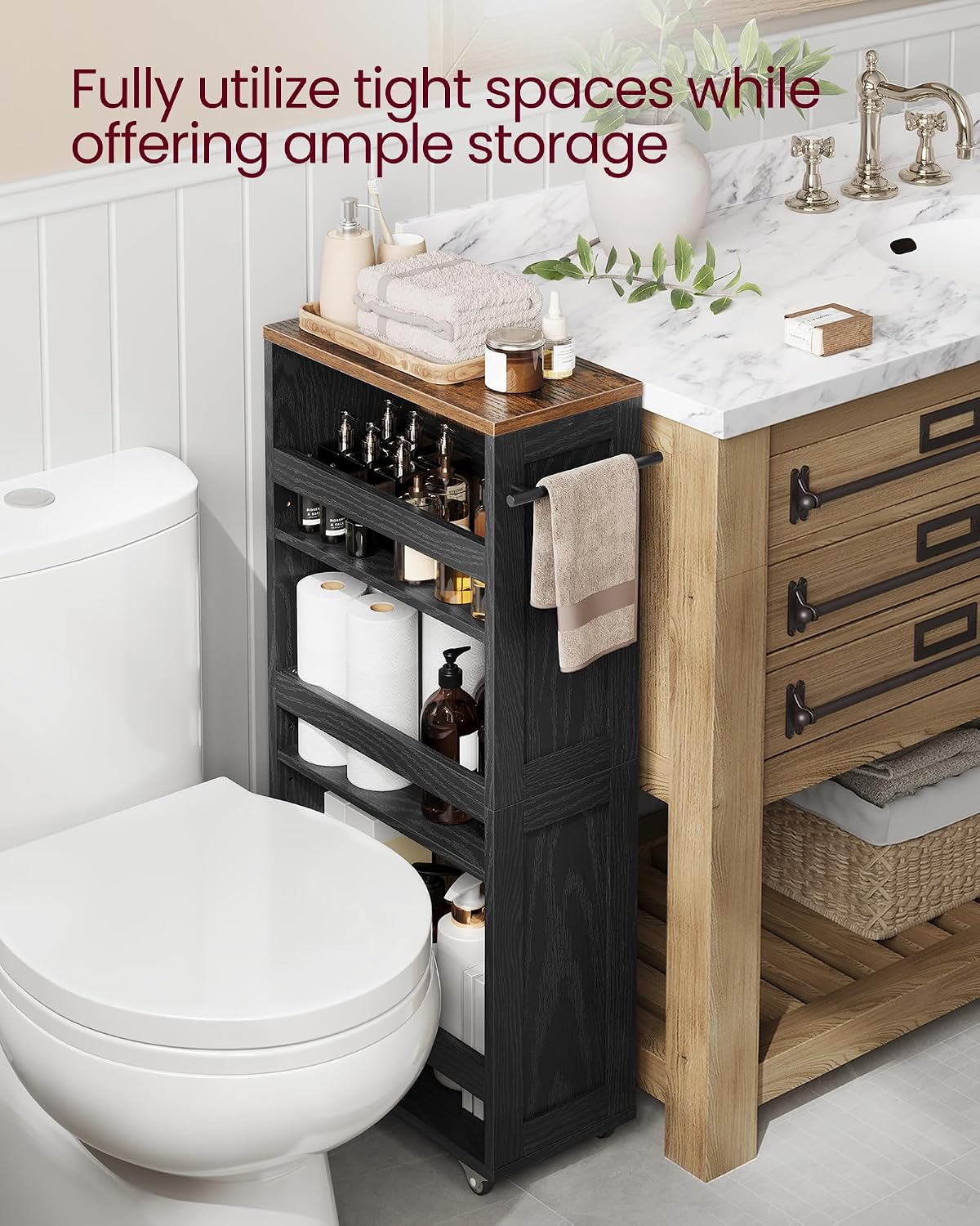 VASAGLE 4-Tier Slide-Out Storage Cart, Slim Kitchen Cart for Small Spaces, with Wheels, Handle, Bathroom, Laundry Room, 5.9 x 17 x 34.1 Inches, Rustic White and Honey Brown ULRC050K01