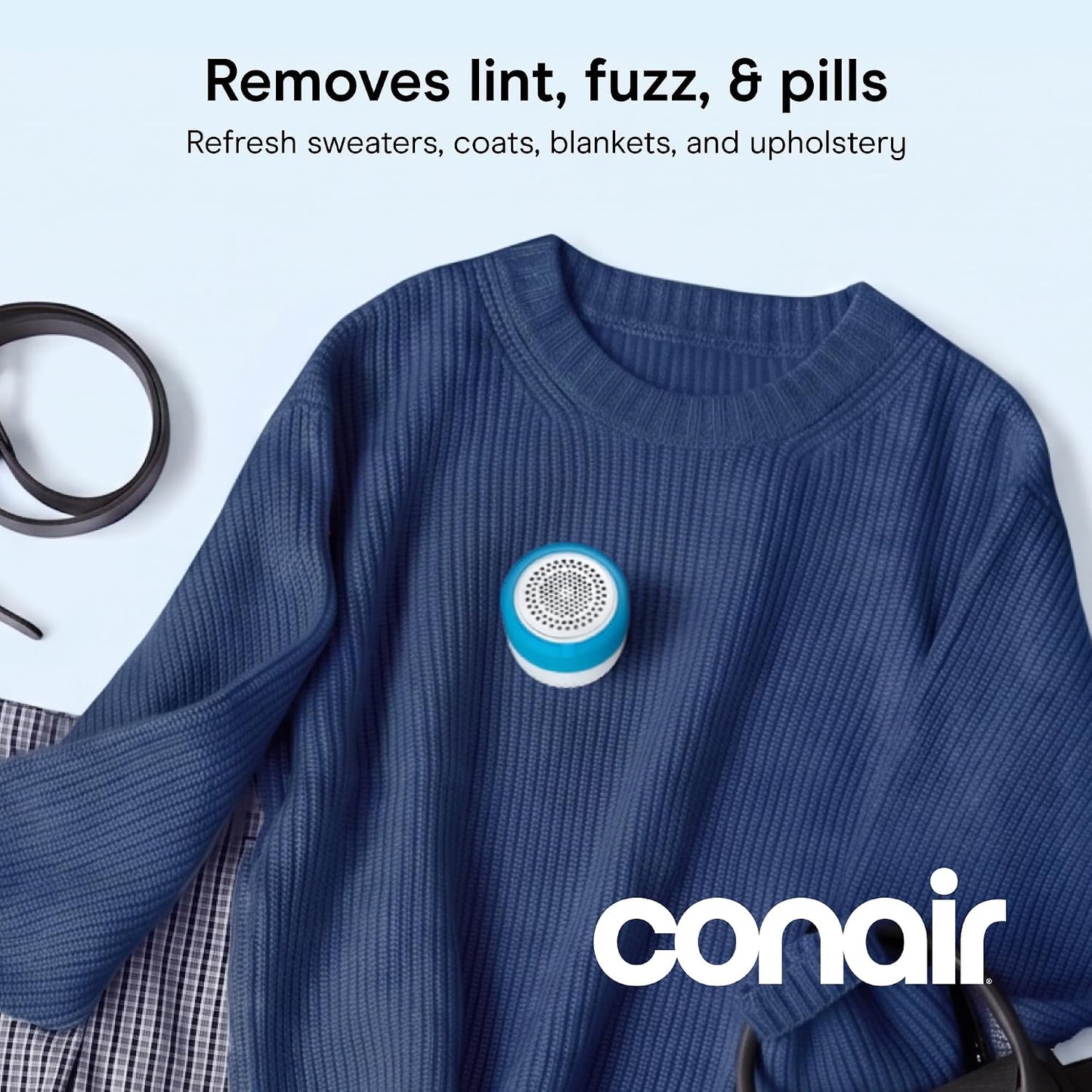 Conair Fabric Shaver Lint Remover | Extra-Large 2.25-in. Shaving Surface, Depills Fabric, for All Fabrics, Blue/White, CLS8L