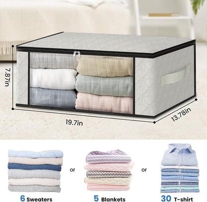 HomeHacks Storage 3-Pack Clothes Organizer Storage Bags Foldable Storage Box with Large Clear Window Sturdy Handles for Closet, Dorm, Pillows, Bedding, Clothes, Blankets, 35L, Gray