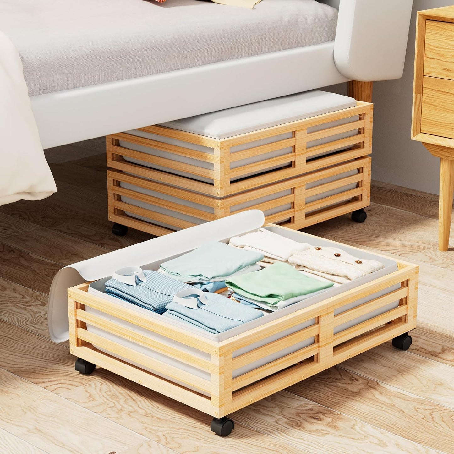 Wisuce 2 Packs Bamboo Under Bed Storage Organizer with Wheels White Small | 360° Lockable Wheels,120lbs Load Capacity, Multi-scene ,Dustproof Clear Storage Bag, Large Capacity,Easy Quick Assembly