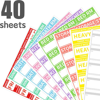 Ououstate 300 Count 2” x 3’’ Removable Home Moving Box Packing Labels for 1/2/3/4 Bedroom Rooms, 9 Designs Waterproof Color-Coded Moving Stickers Including Fragile 、Heavy and Blank Labels