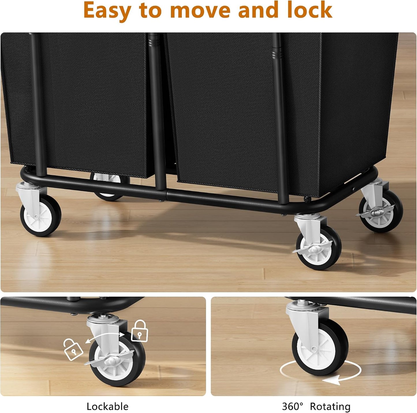 Gewudraw Large laundry hamper with Wheels, 3 Bag Big Rolling Laundry Hamper Sorter Cart, Extra Large Laundry Clothes Hamper, Heavy Duty Laundry Basket Organizer for Laundry Room,Bathroom,Black