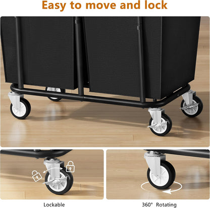 Gewudraw Large laundry hamper with Wheels, 3 Bag Big Rolling Laundry Hamper Sorter Cart, Extra Large Laundry Clothes Hamper, Heavy Duty Laundry Basket Organizer for Laundry Room,Bathroom,Black