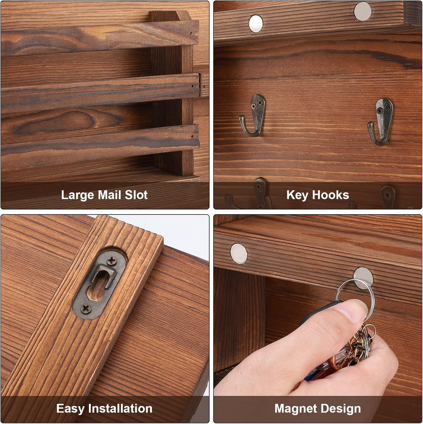 Decorative Key Hanging Rack with 10 Hooks – Easy Install Natural Wooden Key and Mail Holder for Wall Mount – Entryway Decor Rack with Shelf (Black)