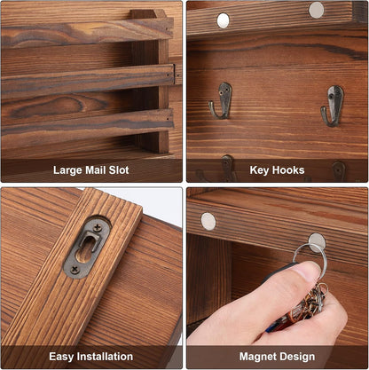 Decorative Key Hanging Rack with 10 Hooks – Easy Install Natural Wooden Key and Mail Holder for Wall Mount – Entryway Decor Rack with Shelf (Black)