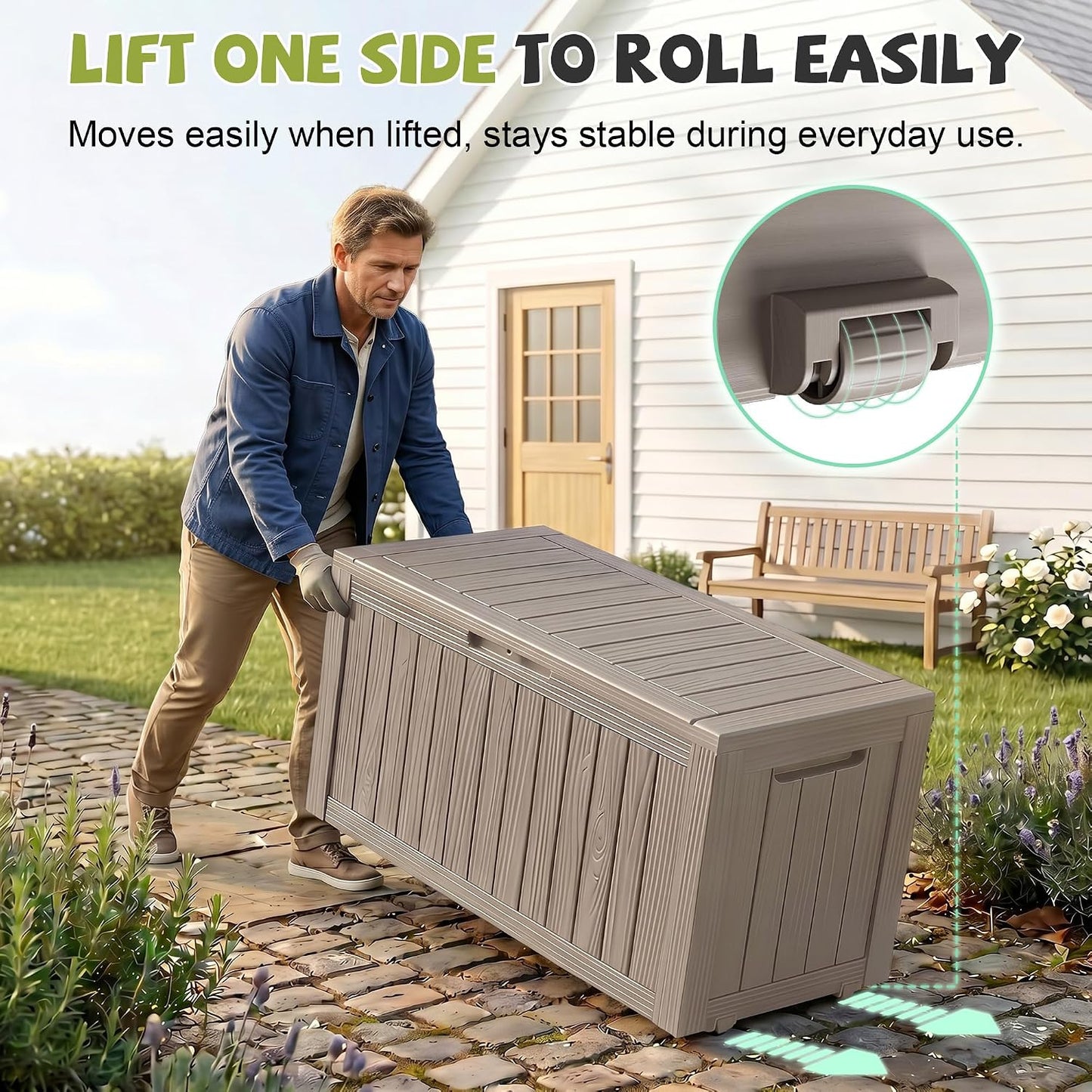 Outdoor Waterproof Resin Storage Deck Box Lockable Outside Bench UV Resistant Bin Patio Porch Furniture Pool Float Garden Tool Cushion (Black, 85 Gallon)