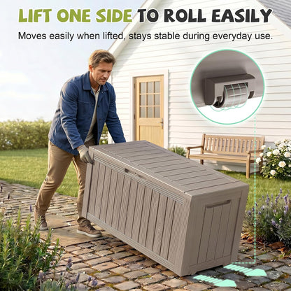 Outdoor Waterproof Resin Storage Deck Box Lockable Outside Bench UV Resistant Bin Patio Porch Furniture Pool Float Garden Tool Cushion (Black, 85 Gallon)